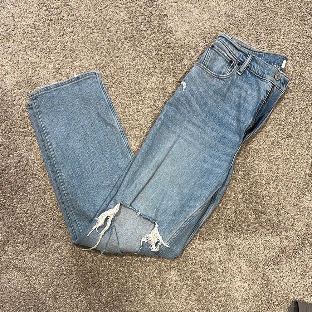 Abercrombie & Fitch Blue Straight Leg Jeans with Distressed Hem
